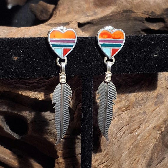 QT Sterling & Multi-color Inlay Heart Earrings wi… - image 2