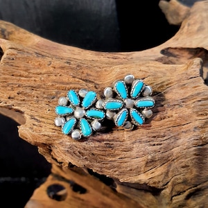 Zuni Turquoise Petit Point Flower Post Earrings | Unmarked, Tested Sterling. Vintage Estate Jewelry