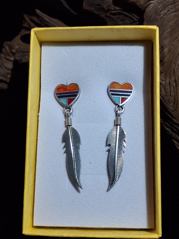 QT Sterling & Multi-color Inlay Heart Earrings wi… - image 6