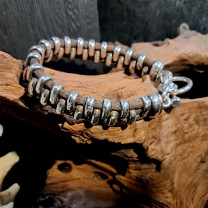 Heavy Sterling & Leather Link Bracelet (8") Toggle clasp. Goth or Steampunk, Very Unique. Vintage Estate Jewelry Marked and tested 925.