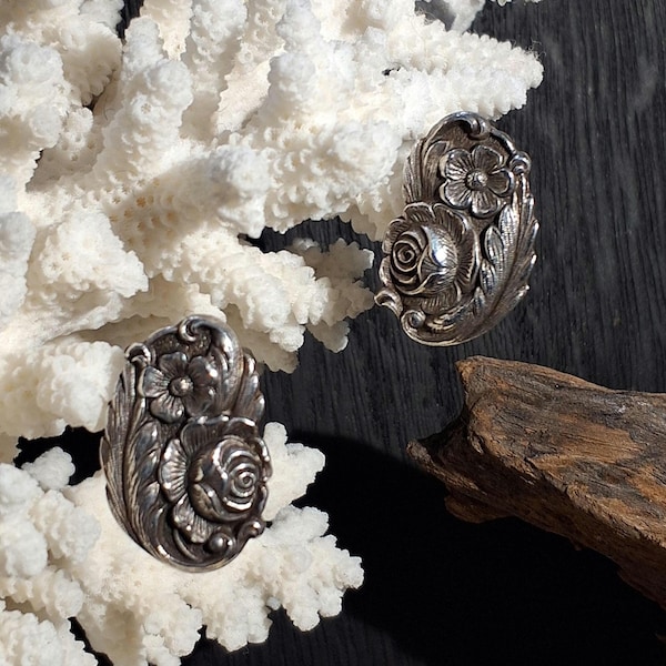 Art Nouveau Sterling Silver Clip-on Earrings. Rose Floral Design by S Kirk & Son. Vintage 1940s Estate Jewelry