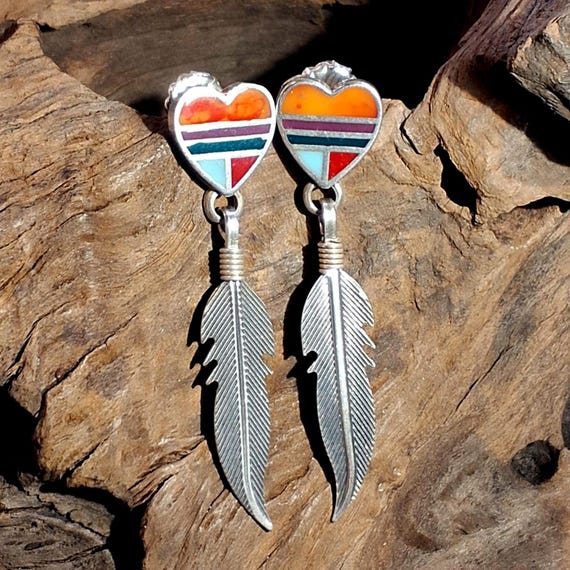 QT Sterling & Multi-color Inlay Heart Earrings wi… - image 1