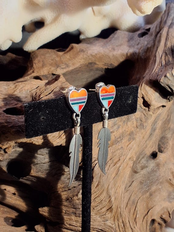 QT Sterling & Multi-color Inlay Heart Earrings wi… - image 5