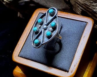 Zuni Stering & Turquoise Snake Eye Ring. Handmade, Unsigned Size 6.5. Vintage Estate Jewelry