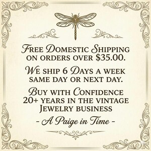 May include: Cream-colored vintage-style graphic with a dragonfly illustration and ornate border. Text includes "Free Domestic Shipping," "Buy with Confidence," and "A Paige in Time," emphasizing experience in vintage jewelry.