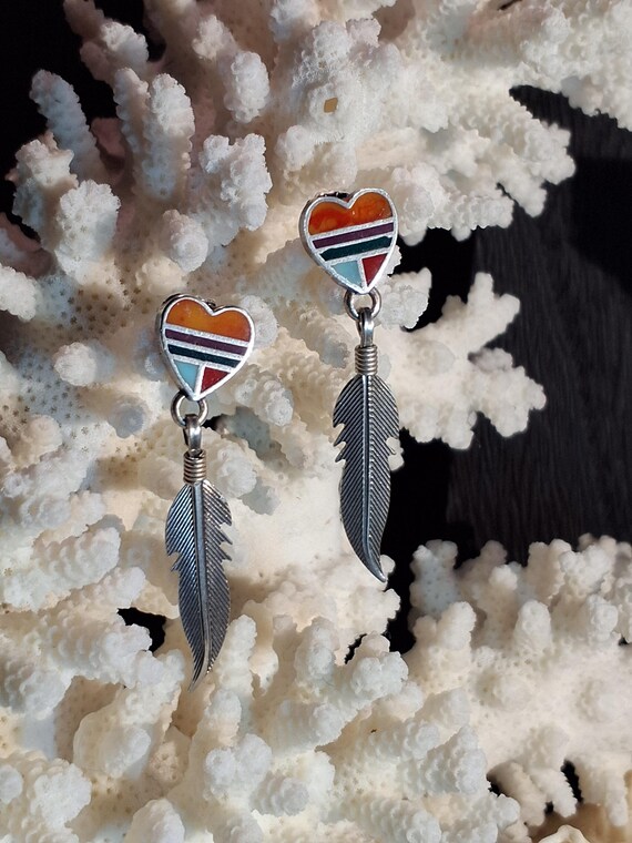 QT Sterling & Multi-color Inlay Heart Earrings wi… - image 7