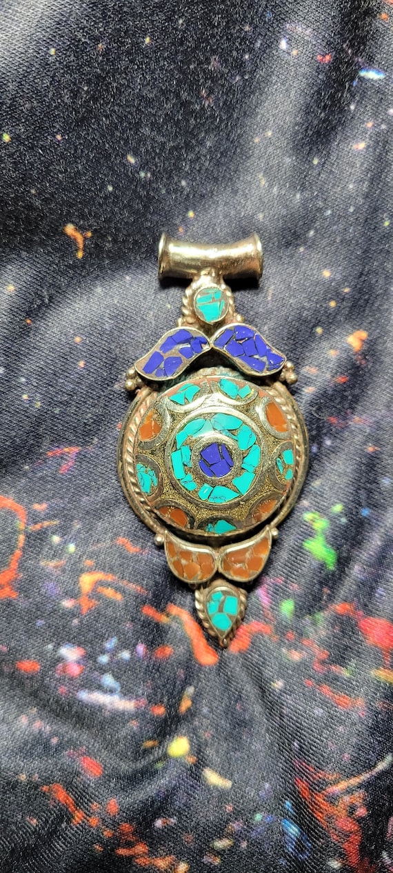 Handmade vintage Tibetan turquoise mosaic pendant