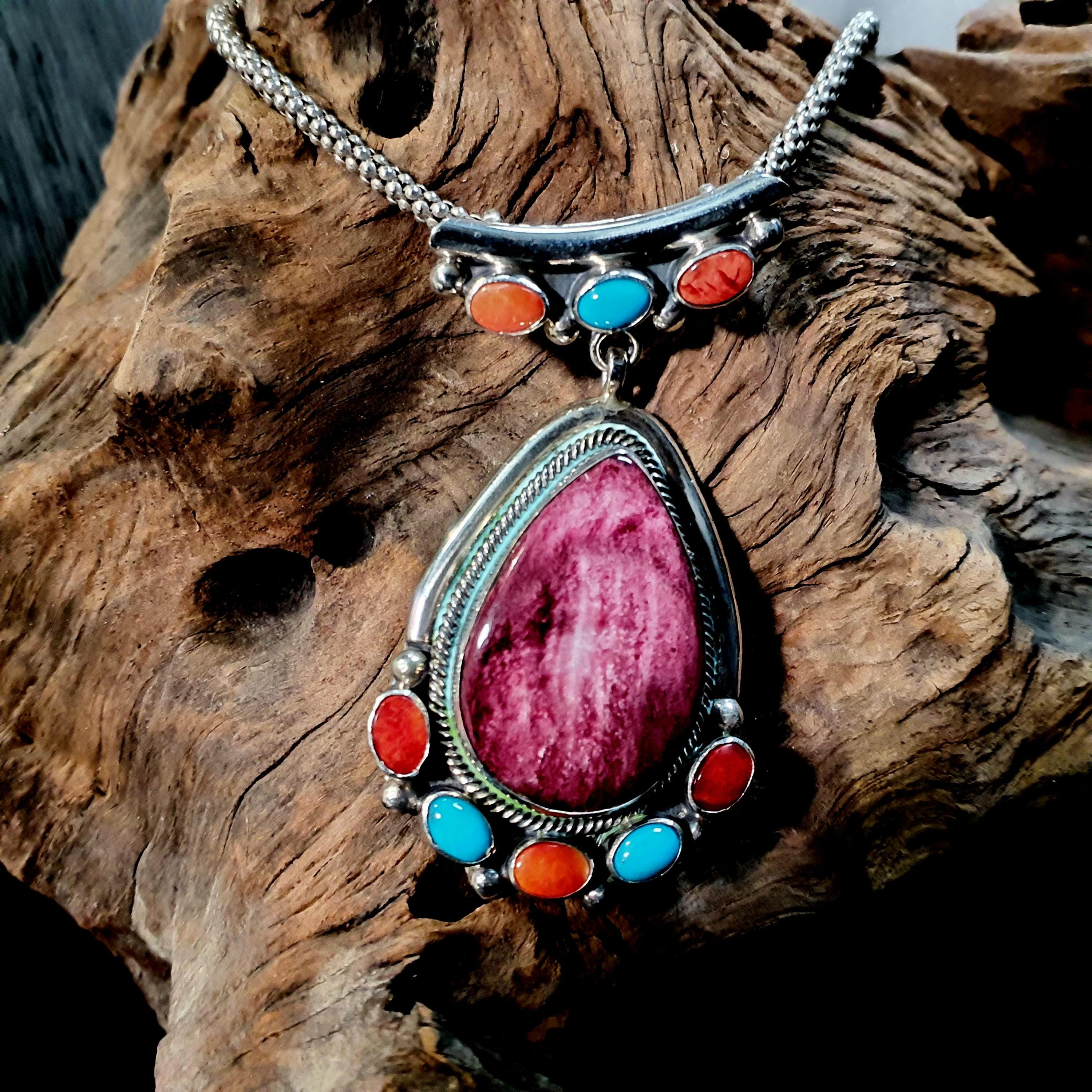 Navajo Running Bear Pendant in Sterling Silver With Purple Spiny