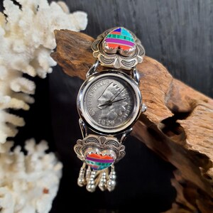 Hot, hot, hot! 24kt and sterling silver Sun Face Southwest watch. Handsome Southwest Turquoise Mens Watch 27796 main image 4