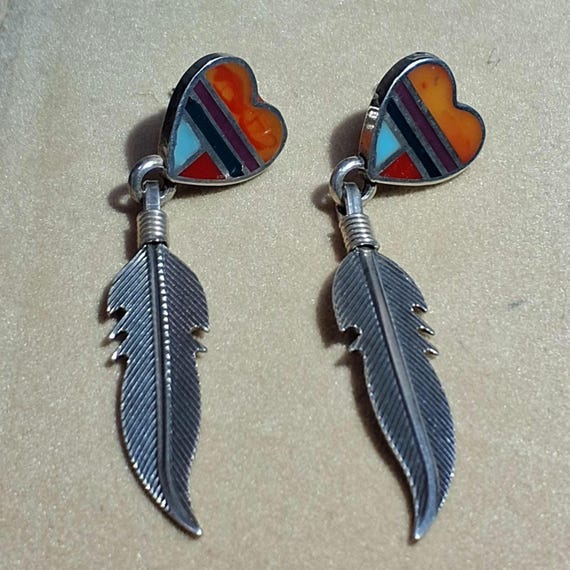 QT Sterling & Multi-color Inlay Heart Earrings wi… - image 3