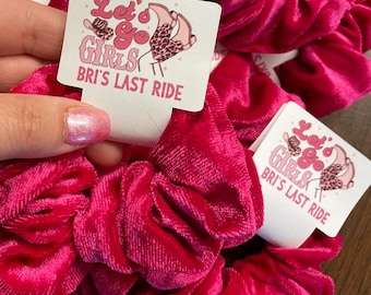 personalized bachelorette party scrunchies, personalized bachelorette party favors, bachelorette party gifts, cowgirl themed Bach party