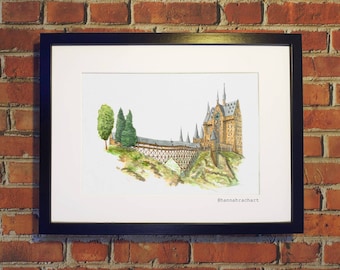 Magical Castle with wonky bridge, fan art - Watercolour print