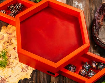 Wooden DnD Dice Box and Tray, Hexagon Design with Leather Mat, Magnetic Storage Drawers, Optional Engraving, RPG Gift