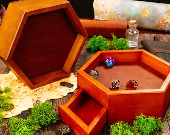 DnD Gift for Players and Dungeon Masters, Hexagon Wooden Dice Tray Leather Mat, Magnetic Storage Drawers, Optional Engraving