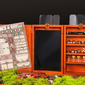 May include: Wooden tabletop gaming organizer with multiple compartments. Includes a character sheet, a central tablet area, and shelves for dice, miniatures, and potion bottles. The organizer is made of stained wood and has a dark background.