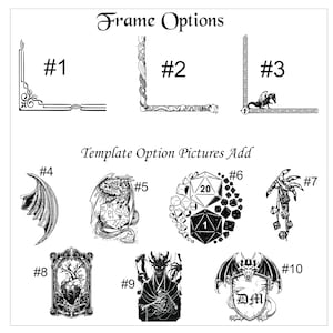 May include: A black and white graphic sheet titled Frame Options and Template Option Pictures Add. It displays three corner frame designs numbered 1 to 3, and seven distinct illustrations numbered 4 to 10, featuring dragons, dice, hearts, and fantasy motifs.