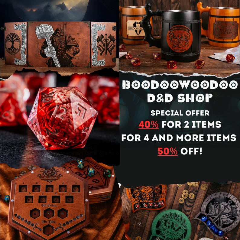 Puede incluir: Una colecci&oacute;n de art&iacute;culos con tem&aacute;tica de Dungeons and Dragons (D&D), que incluyen dados, una caja de madera, una bandeja de dados de cuero y una taza. La imagen tambi&eacute;n incluye el texto "BOODOOWOODOO D&D SHOP SPECIAL OFFER 40% FOR 2 ITEMS FOR 4 AND MORE ITEMS 50% OFF!"