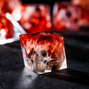 Puede incluir: Un dado poli&eacute;drico transl&uacute;cido de m&uacute;ltiples facetas hecho de resina roja. Dentro del material transparente de color rojo intenso, hay incrustado un cr&aacute;neo humano en miniatura detallado y realista. El dado tiene bordes geom&eacute;tricos.