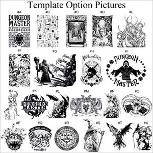Peut inclure: Ensemble d'illustrations fantastiques en noir et blanc. Les images incluent un ma&icirc;tre de donjon, des dragons, des cr&acirc;nes et d'autres cr&eacute;atures mystiques. Le texte comprend "Dungeon Master", "Necromancy" et "Kill them with fire and dice".