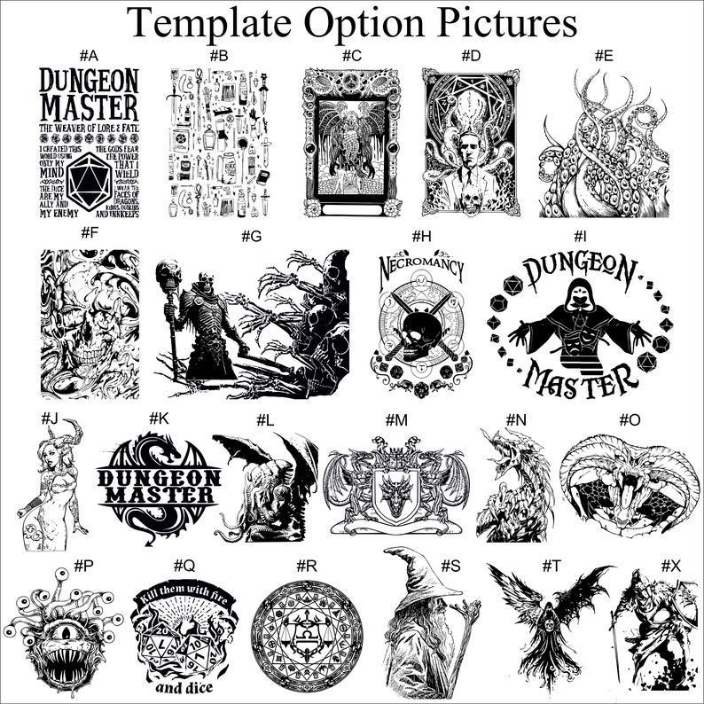 Peut inclure: Ensemble d'illustrations fantastiques en noir et blanc. Les images incluent un ma&icirc;tre de donjon, des dragons, des cr&acirc;nes et d'autres cr&eacute;atures mystiques. Le texte comprend "Dungeon Master", "Necromancy" et "Kill them with fire and dice".