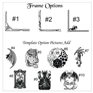 Peut inclure: Illustrations en noir et blanc d'options de cadres et de mod&egrave;les. L'image comprend des coins de cadre et diverses images sur le th&egrave;me de la fantaisie, telles qu'une aile de dragon, des d&eacute;s et un d&eacute;mon.