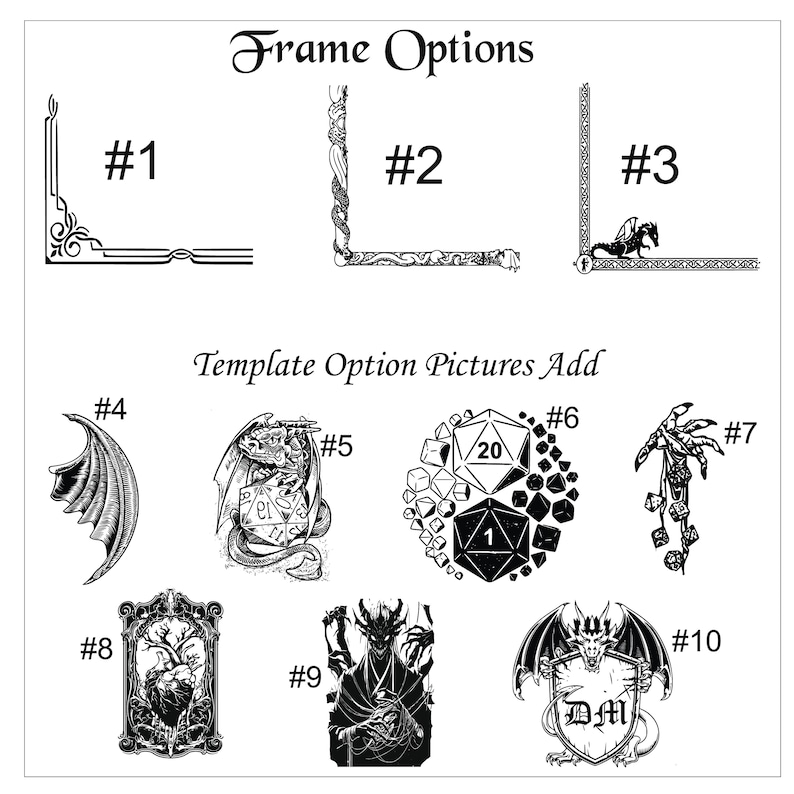 Peut inclure: Illustrations en noir et blanc d'options de cadres et de mod&egrave;les. L'image comprend des coins de cadre et diverses images sur le th&egrave;me de la fantaisie, telles qu'une aile de dragon, des d&eacute;s et un d&eacute;mon.