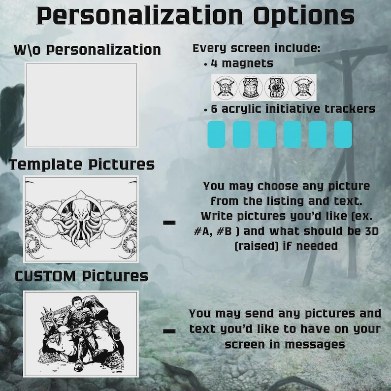 Peut inclure: Image pr&eacute;sentant les options de personnalisation d'un produit. Comprend des exemples de personnalisation avec du texte et des images. Comprend une option vierge, des images de mod&egrave;les et des options d'images personnalis&eacute;es. Montre &eacute;galement 4 aimants et 6 marqueurs d'initiative en acrylique.