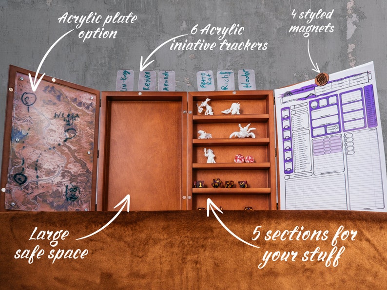 May include: A wooden tabletop gaming organizer featuring a left panel with an acrylic map overlay, a central open storage area, and a right panel with five horizontal shelves holding white miniature figures and multi-sided dice, plus a character sheet.