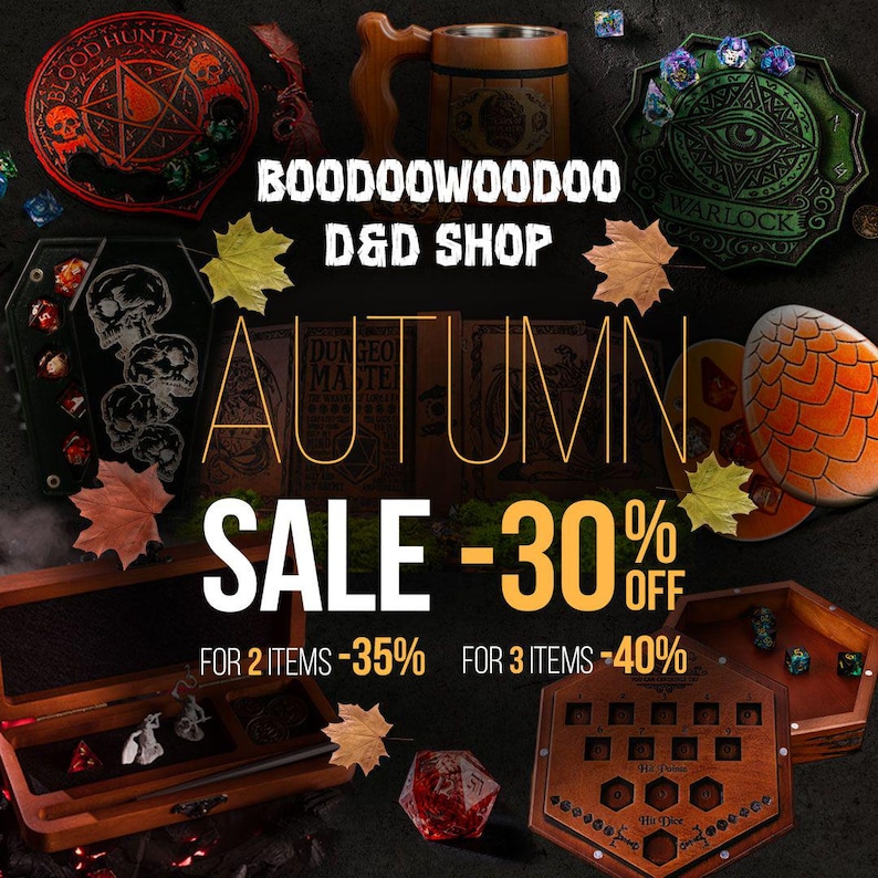 May include: A collection of gaming accessories including a wooden mug, a coffin-shaped dice box, a dragon egg, and a wooden dice tray. Text reads BOODOOWOODOO D&D SHOP, AUTUMN SALE -30% OFF, FOR 2 ITEMS -35%, FOR 3 ITEMS -40% with scattered autumn leaves.