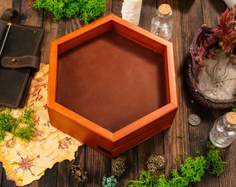 DnD Dice Box with Magnetic Storage Drawers, Hexagon Wooden Dice Tray Leather Mat, Optional Engraving, Dungeon Master Gift