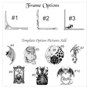 May include: Black and white illustrations of frame options and template pictures. The image includes decorative corner designs, a dragon, a wing, dice, a heart, a demon, and a shield with the letters "DM". Text includes "Frame Options" and "Template Option Pictures Add".