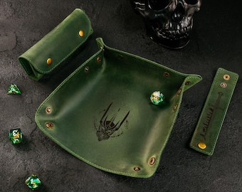Custom Engraved Leather Dice Rolling Tray & Bag: RPG Dungeons and Dragons