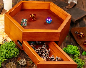 DnD Dice Tray with Leather Mat, Hexagon Wooden Dice Box Magnetic Storage Drawers, Optional Engraving, Dungeon Master Gift