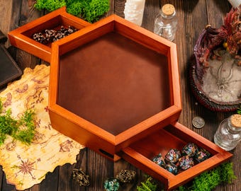 DnD Dice Tray, Leather Mat, Storage Drawers, Engraving Gift