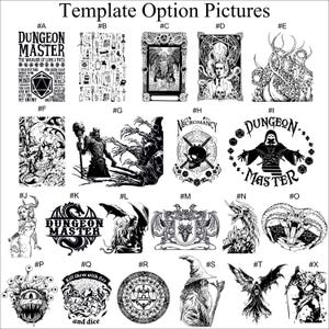 May include: A collection of black and white fantasy-themed illustrations. The images include a dungeon master, dragons, skulls, a wizard, and other mystical creatures. Text includes "Dungeon Master" and "Kill them with fire and dice."