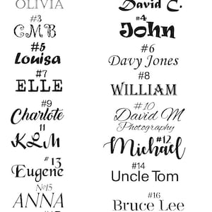 May include: A black and white font selection chart titled Choose your font, displaying eighteen distinct numbered typography styles. Each numbered entry features a sample name or initials, showcasing a variety of serif, sans-serif, and script typefaces.