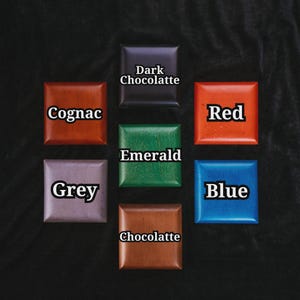 May include: Seven square blocks in a circular arrangement, each displaying a different color: Cognac, Dark Chocolatte, Red, Blue, Emerald, Grey, and Chocolatte. The colors are displayed on a dark background.