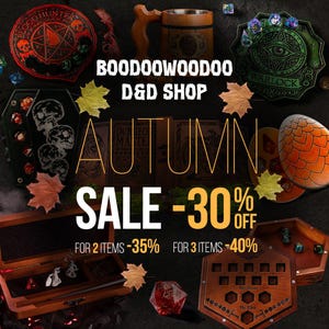 May include: A collection of gaming accessories including a wooden mug, a coffin-shaped dice box, a dragon egg, and a wooden dice tray. Text reads BOODOOWOODOO D&D SHOP, AUTUMN SALE -30% OFF, FOR 2 ITEMS -35%, FOR 3 ITEMS -40% with scattered autumn leaves.