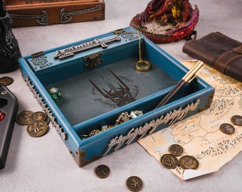 DnD Dice Tray D&D Rolling Box Tablet Holder DnD Box Dice Storage Box Wood