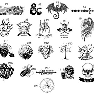 May include: A collection of twenty black and white graphic designs featuring fantasy themes, including dragons, skulls, swords, dice, and text such as Dungeons & Dragons, Dungeon Master, How I Roll, and Don't argue with the dungeon master, arranged in a grid.