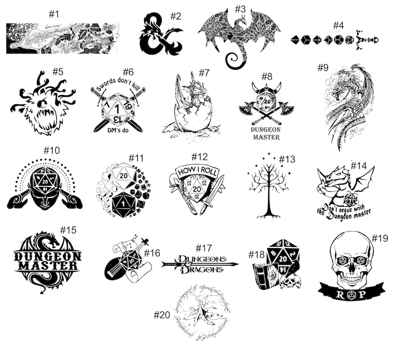 May include: A collection of twenty black and white graphic designs featuring fantasy themes, including dragons, skulls, swords, dice, and text such as Dungeons & Dragons, Dungeon Master, How I Roll, and Don't argue with the dungeon master, arranged in a grid.