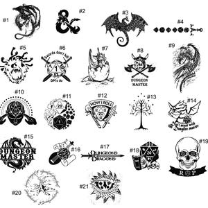 May include: A collection of 21 black and white fantasy-themed illustrations. The designs include dragons, dice, skulls, and text such as "Dungeon Master" and "How I Roll". These images are suitable for various applications.