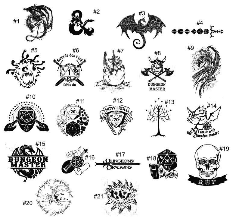 May include: A collection of 21 black and white fantasy-themed illustrations. The designs include dragons, dice, skulls, and text such as "Dungeon Master" and "How I Roll". These images are suitable for various applications.