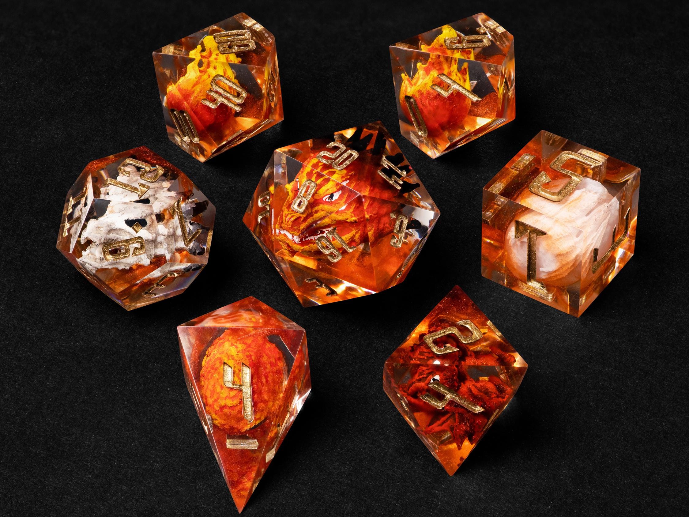 Handcrafted Resin Dice Set: Dragon Egg, Embryo & Flame Core - DND RPG