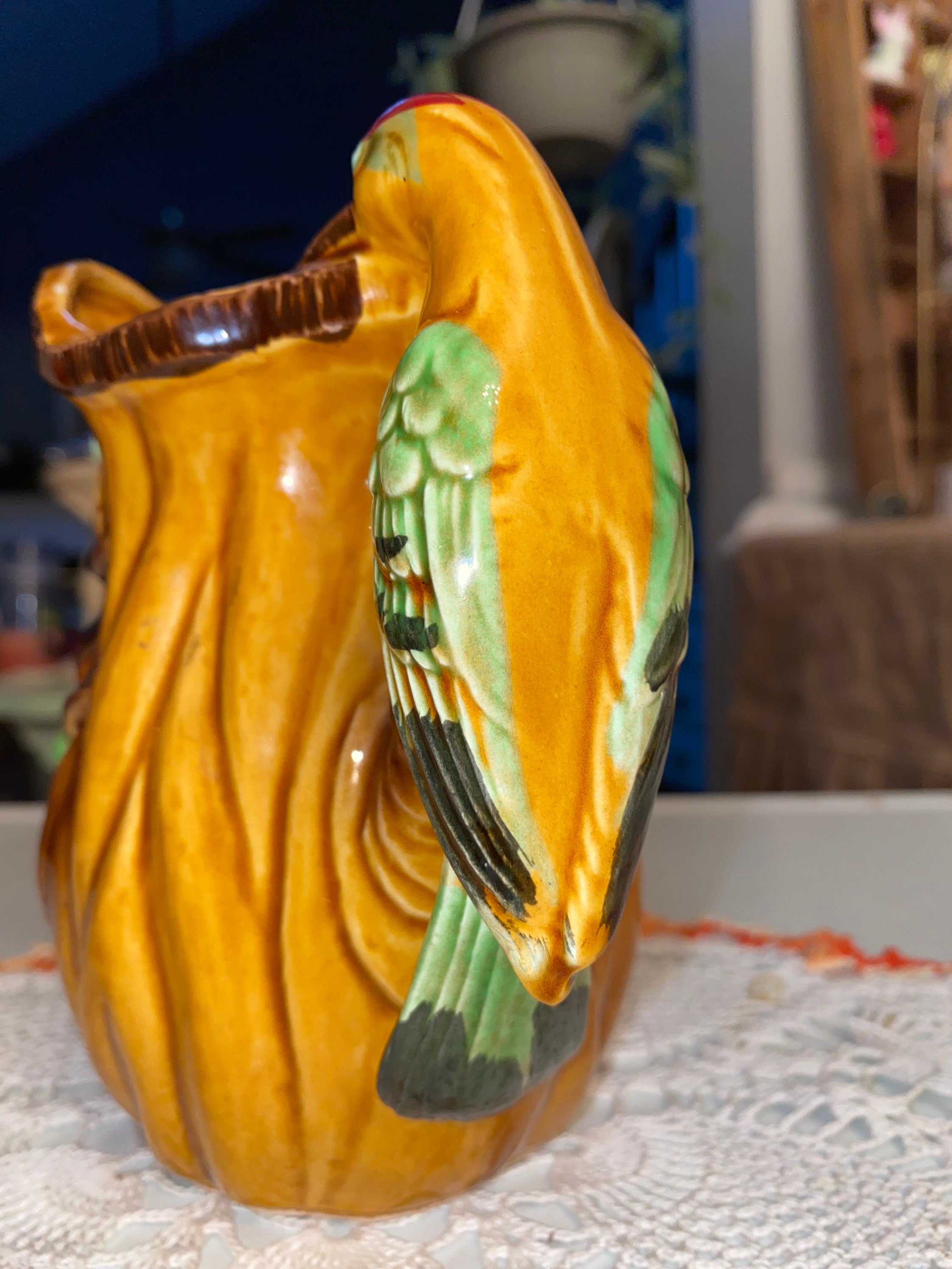 Vintage brown glazed pitcher with bird handle Etsy