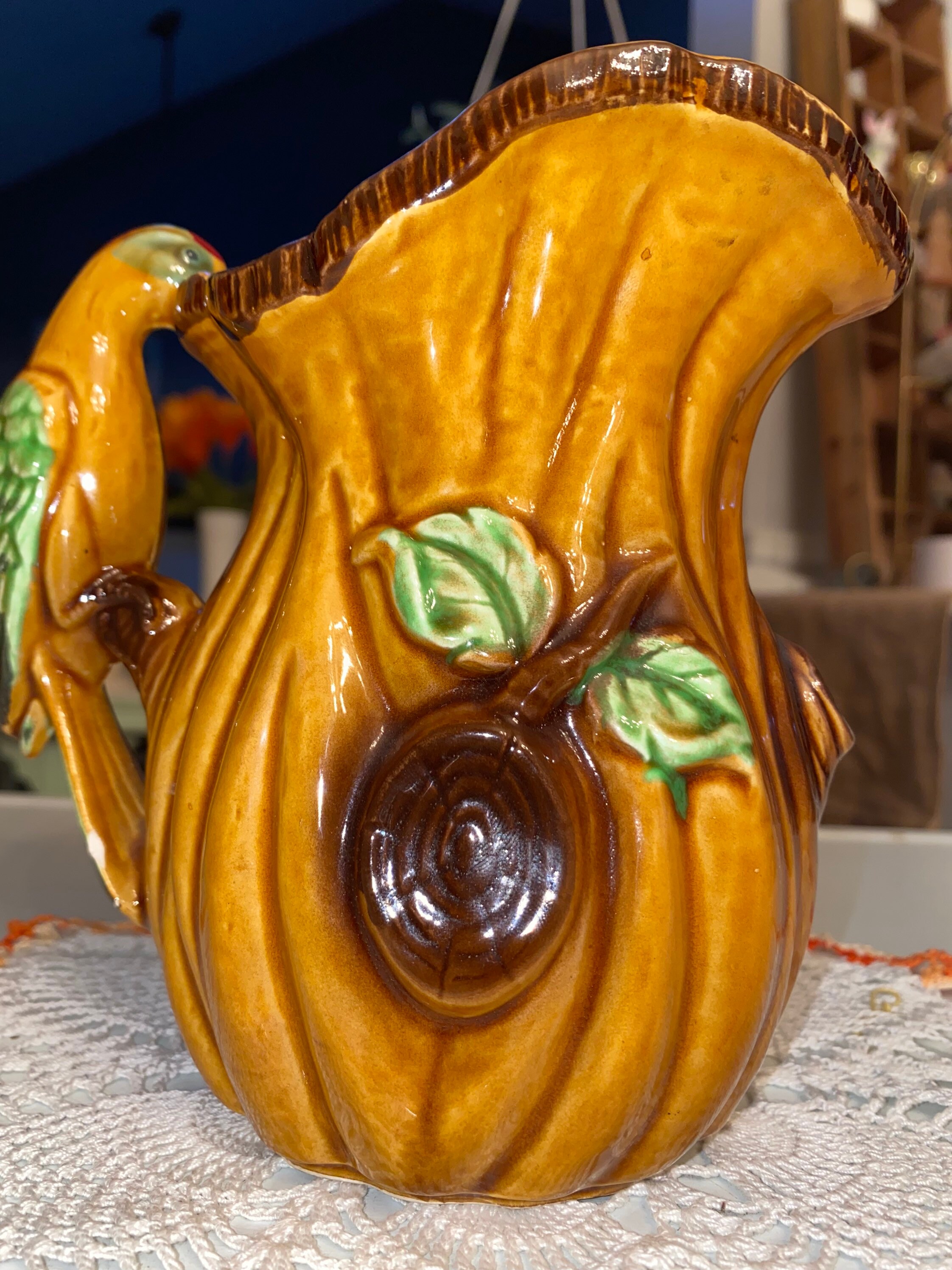 Vintage brown glazed pitcher with bird handle Etsy