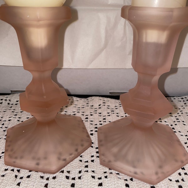 Pair of Pink satin frosted vintage candleholders