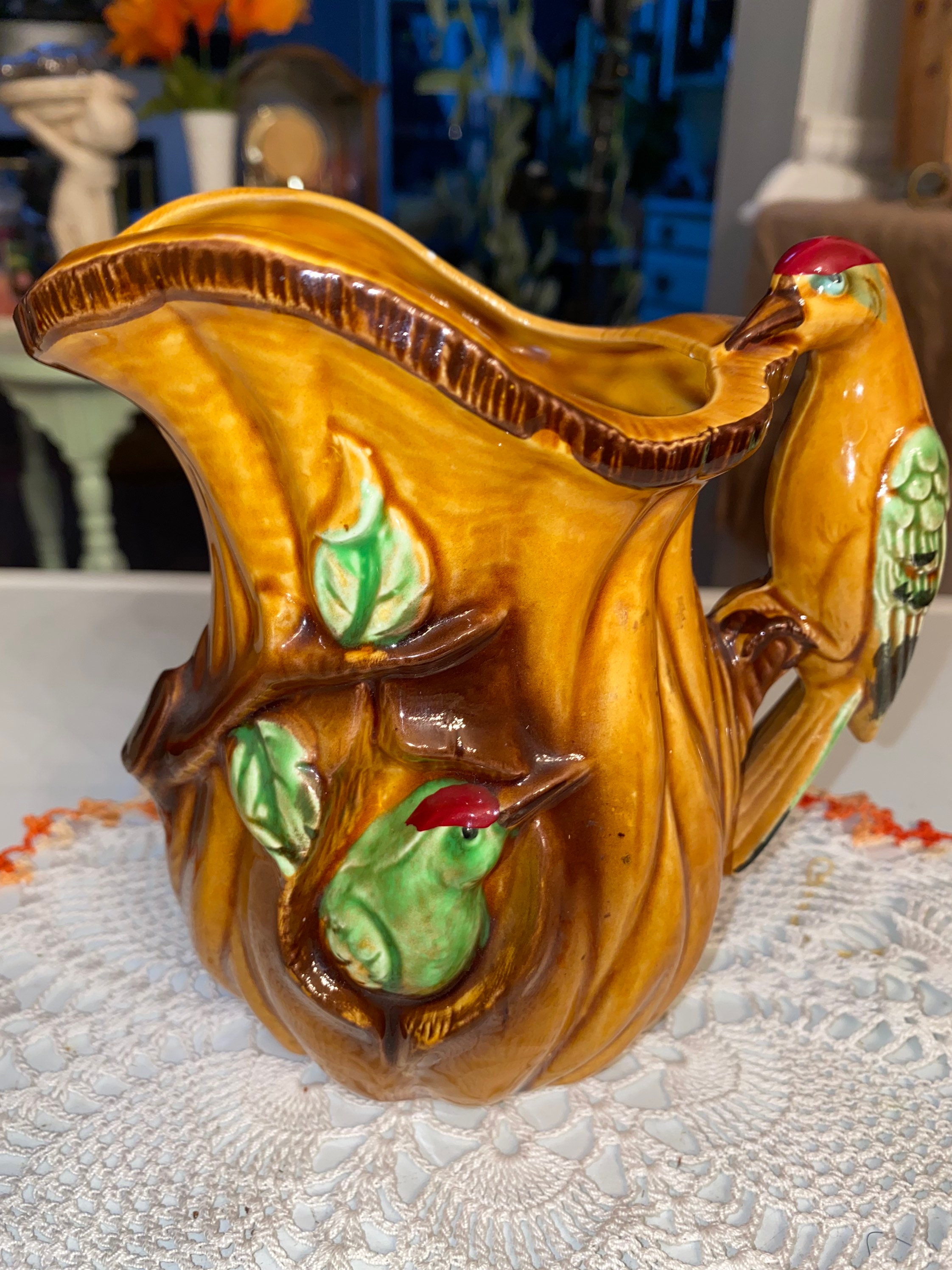 Vintage brown glazed pitcher with bird handle Etsy
