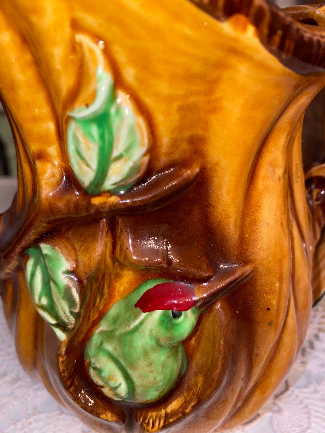 Vintage Brown Glazed Pitcher With Bird Handle Etsy