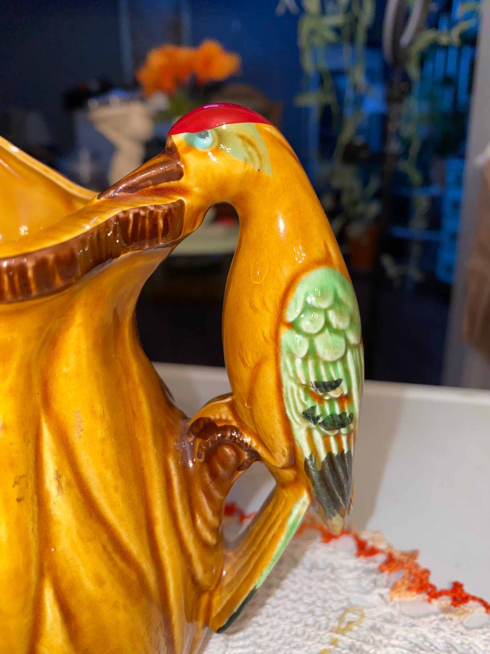 Vintage brown glazed pitcher with bird handle Etsy